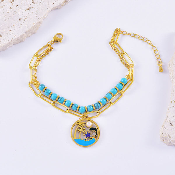 Palm Tree Beads Enamel Green 18K Gold Stainless Steel Anti Tarnish Dual Layer Charm Bracelet For Women Main image