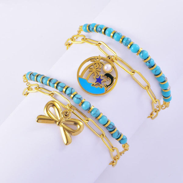 Palm Tree Beads Enamel Green 18K Gold Stainless Steel Anti Tarnish Dual Layer Charm Bracelet For Women Secondary image