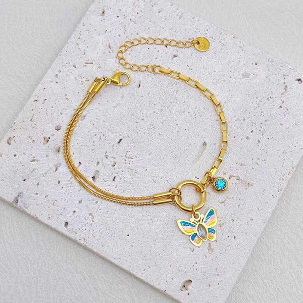 Butterfly Solitaire Crystal Enamel Multicolour 18K Gold Stainless Steel Anti Tarnish Snake Chain Charm Bracelet For Women Main image