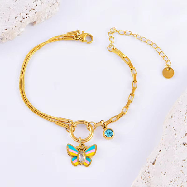 Butterfly Solitaire Crystal Enamel Multicolour 18K Gold Stainless Steel Anti Tarnish Snake Chain Charm Bracelet For Women Secondary image