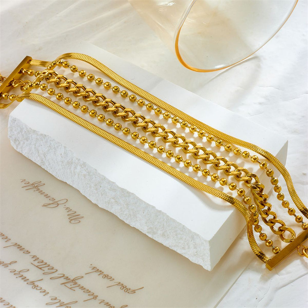 18K Gold Stainless Steel Anti Tarnish Snake Ball Curb Layered Chain Bracelet For Women