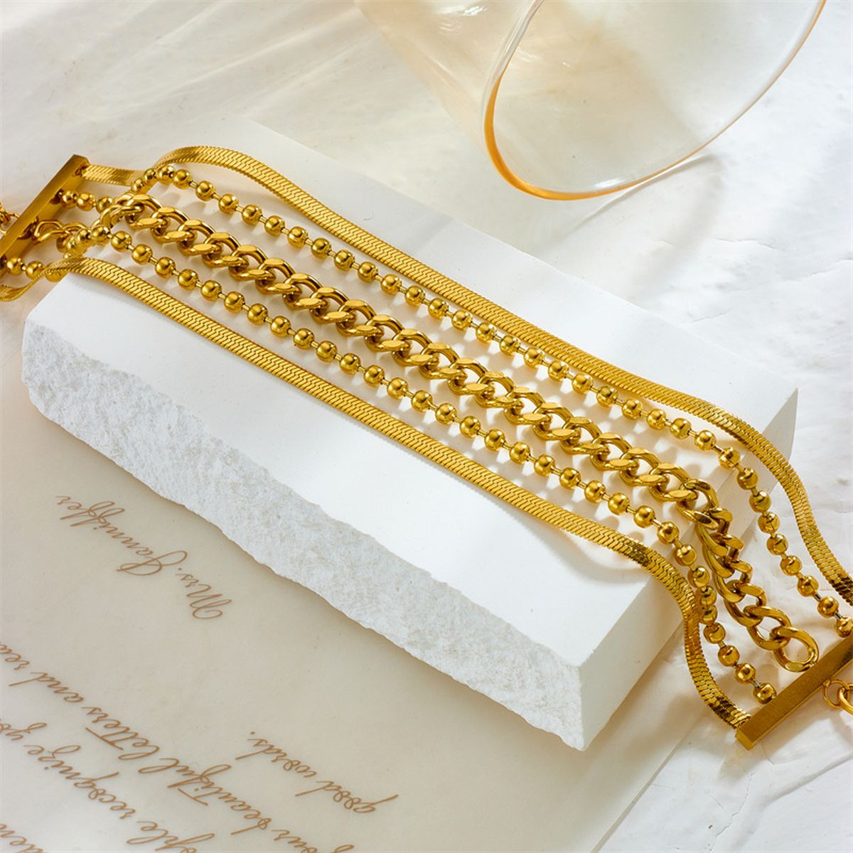 18K Gold Stainless Steel Anti Tarnish Snake Ball Curb Layered Chain Bracelet For Women