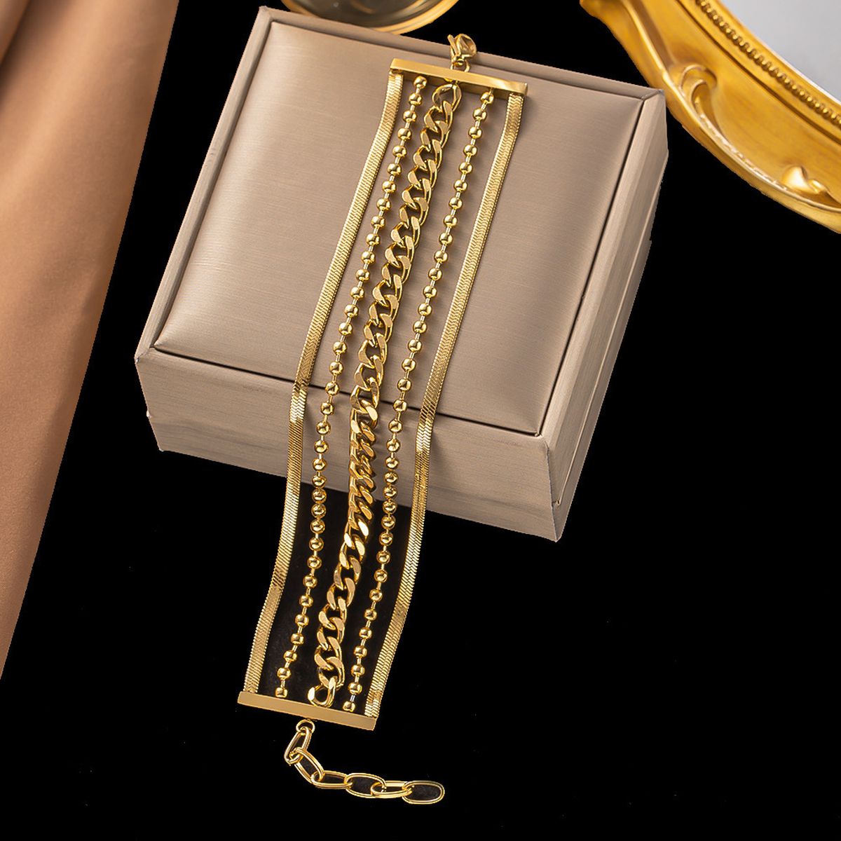 18K Gold Stainless Steel Anti Tarnish Snake Ball Curb Layered Chain Bracelet For Women