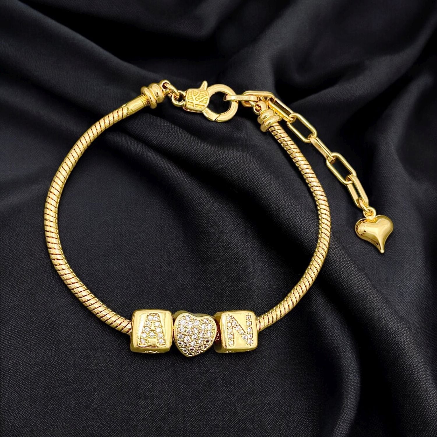 Box Heart Alphabets Letter Cubic Zirconia 18K Gold Anti Tarnish Personalized Snake Chain Bracelet For Women