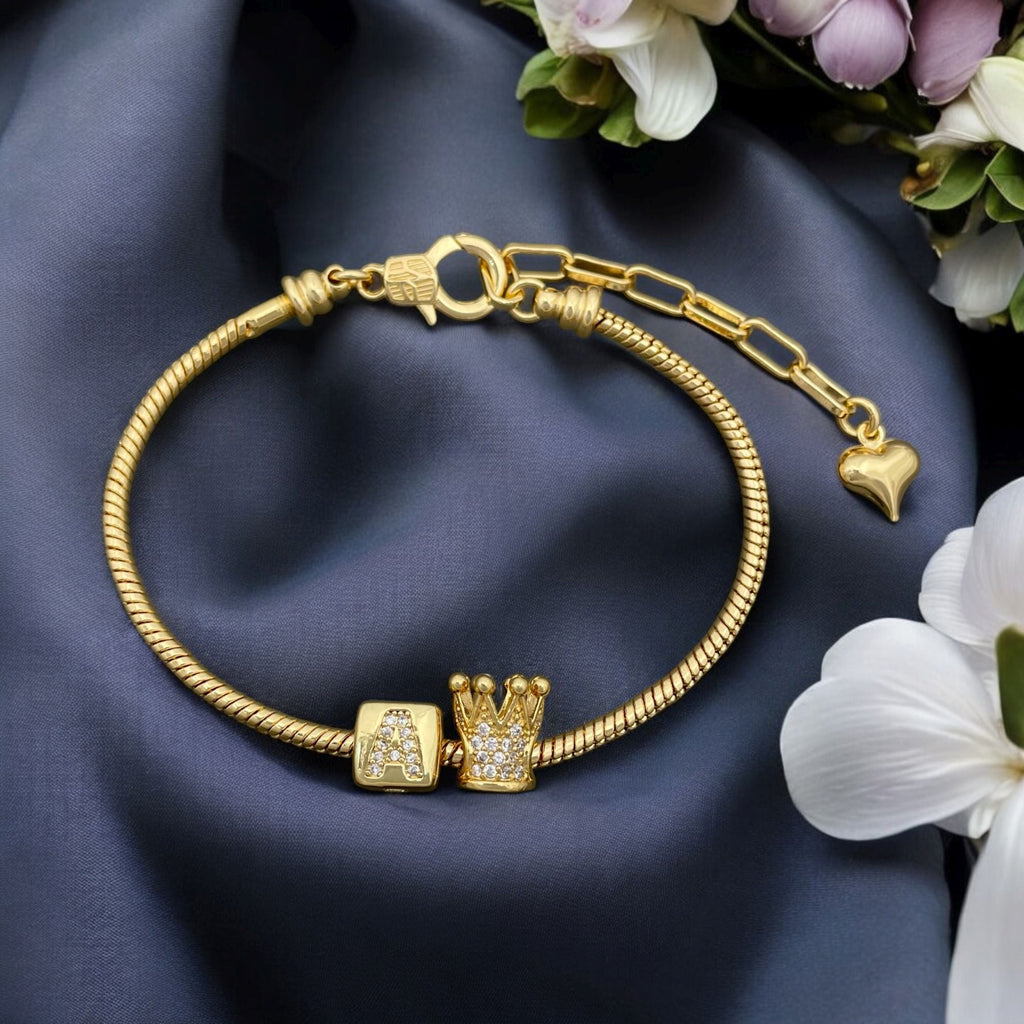 Box Crown Alphabets Letter A Cubic Zirconia 18K Gold Anti Tarnish Personalized Snake Chain Bracelet For Women