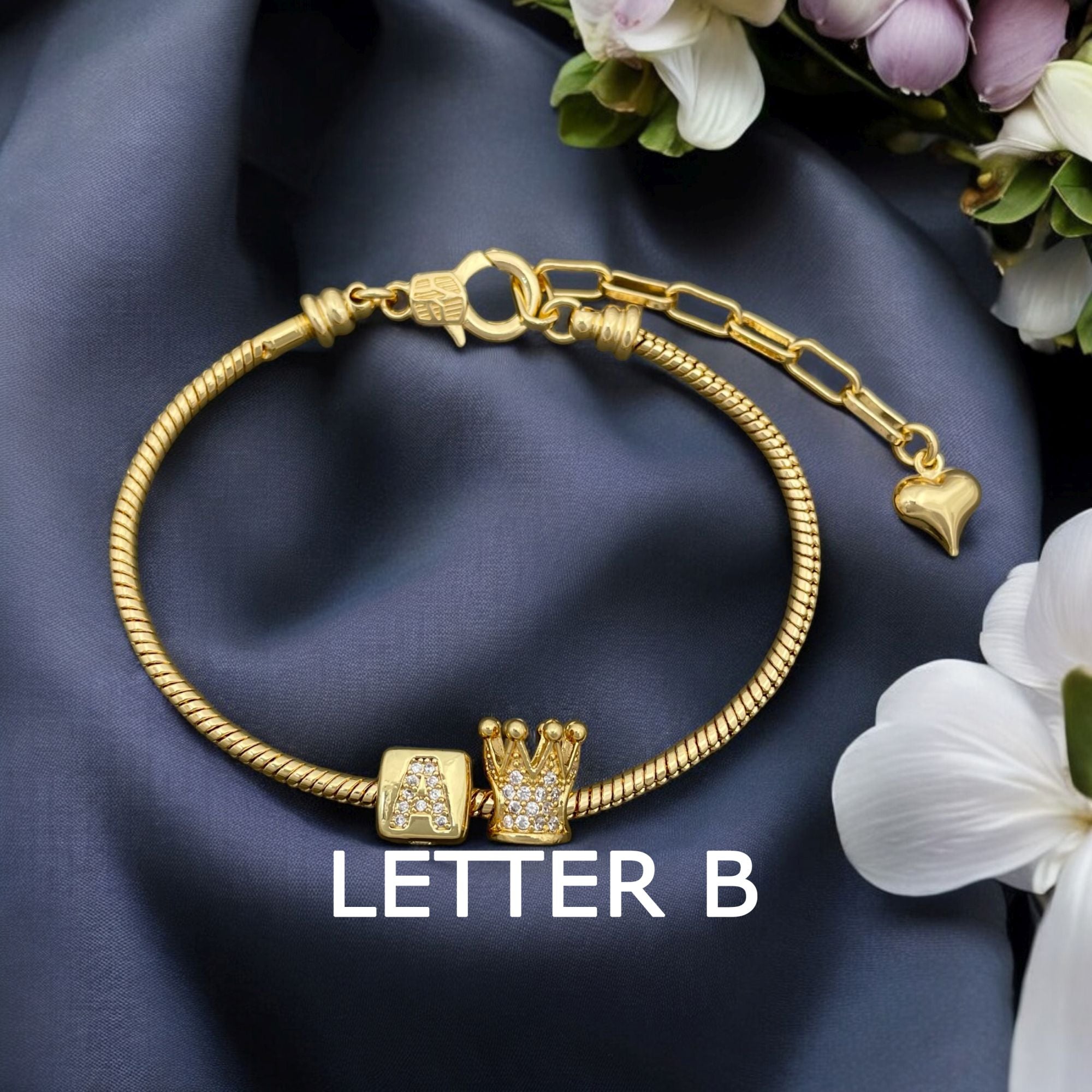 Box Crown Alphabets Letter A Cubic Zirconia 18K Gold Anti Tarnish Personalized Snake Chain Bracelet For Women Secondary image