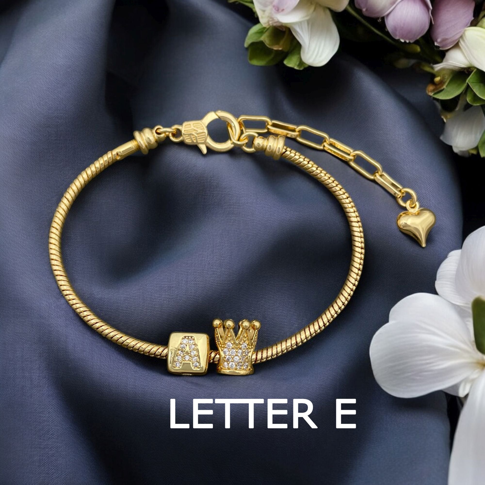 Box Crown Alphabets Letter A Cubic Zirconia 18K Gold Anti Tarnish Personalized Snake Chain Bracelet For Women