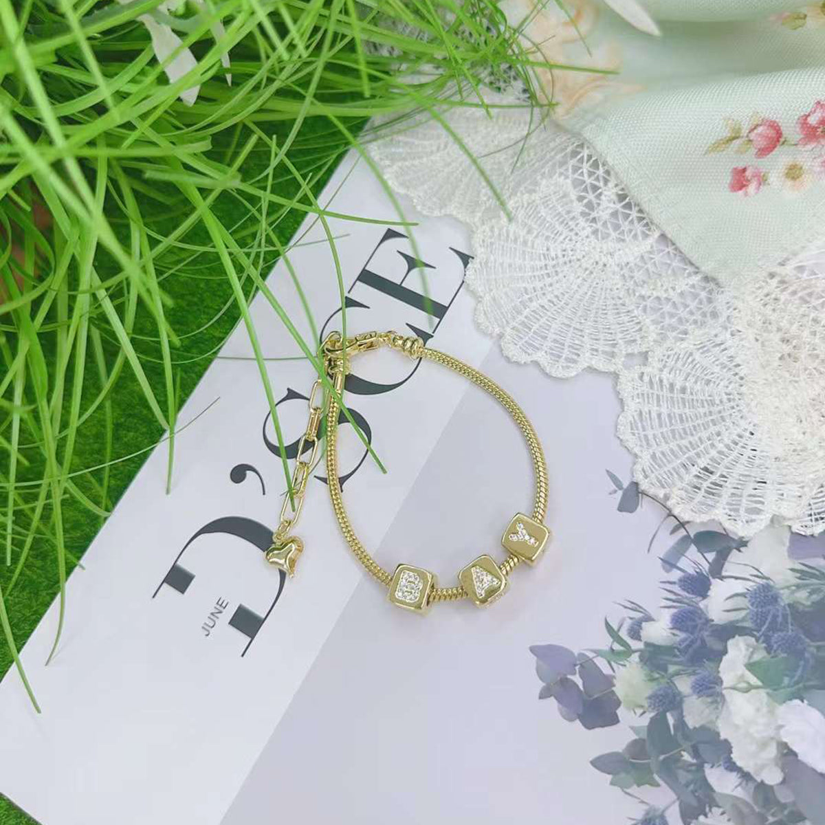 Box Alphabets Letter Cubic Zirconia 18K Gold Anti Tarnish Personalized Snake Chain Bracelet For Women Main image
