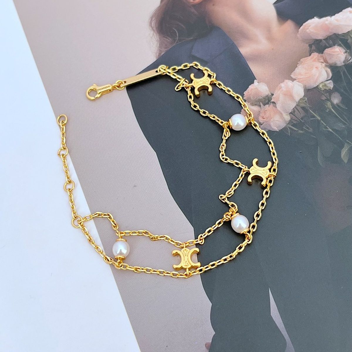 Layered Pearl 18K Gold Anti Tarnish Link Chain Bracelet For Women Main image