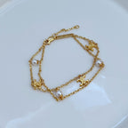 Layered Pearl 18K Gold Anti Tarnish Link Chain Bracelet For Women