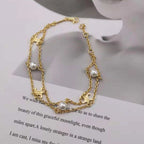 Layered Pearl 18K Gold Anti Tarnish Link Chain Bracelet For Women