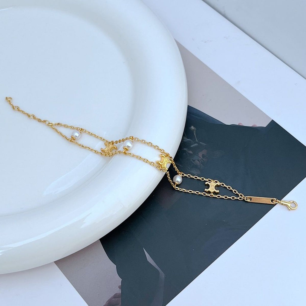Layered Pearl 18K Gold Anti Tarnish Link Chain Bracelet For Women