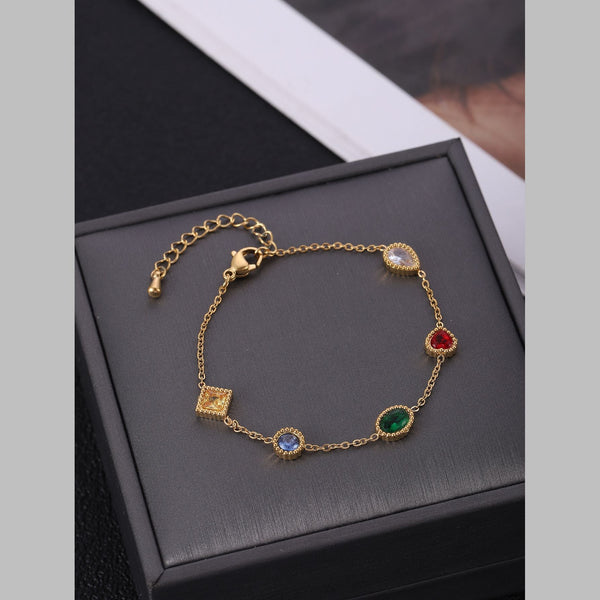 Clover Heart Charm Cubic Zirconia Crystal Multicolour 18K Gold Stainless Steel Anti Tarnish Link Chain Bracelet For Women Main image