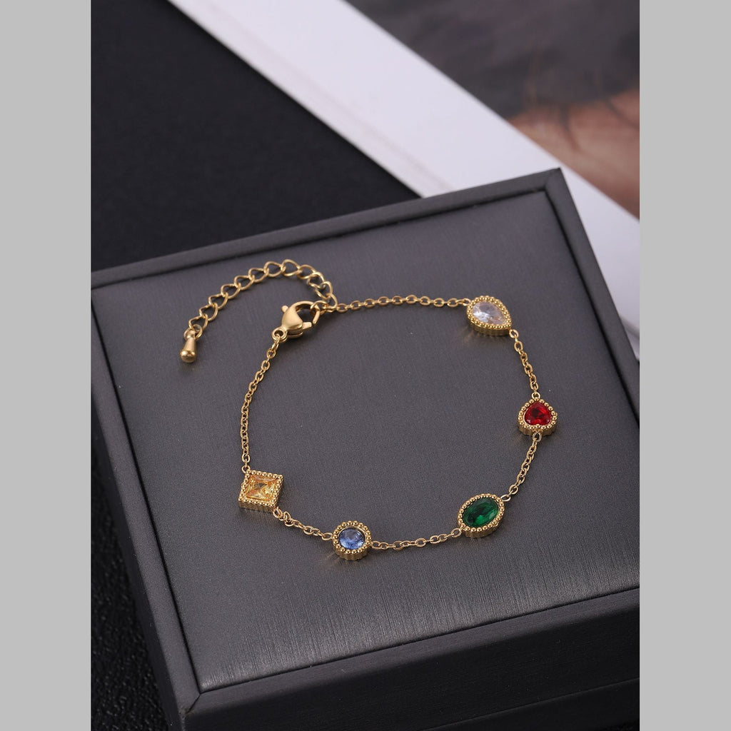 Clover Heart Charm Cubic Zirconia Crystal Multicolour 18K Gold Stainless Steel Anti Tarnish Link Chain Bracelet For Women