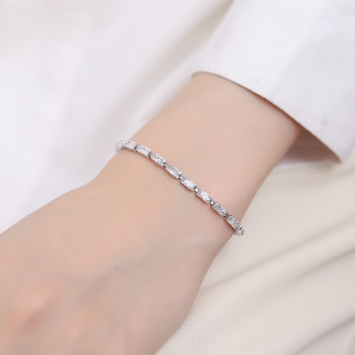 Baguette Solitaire Silver White Cubic Zirconia Tennis Bracelet Bulk Secondary image
