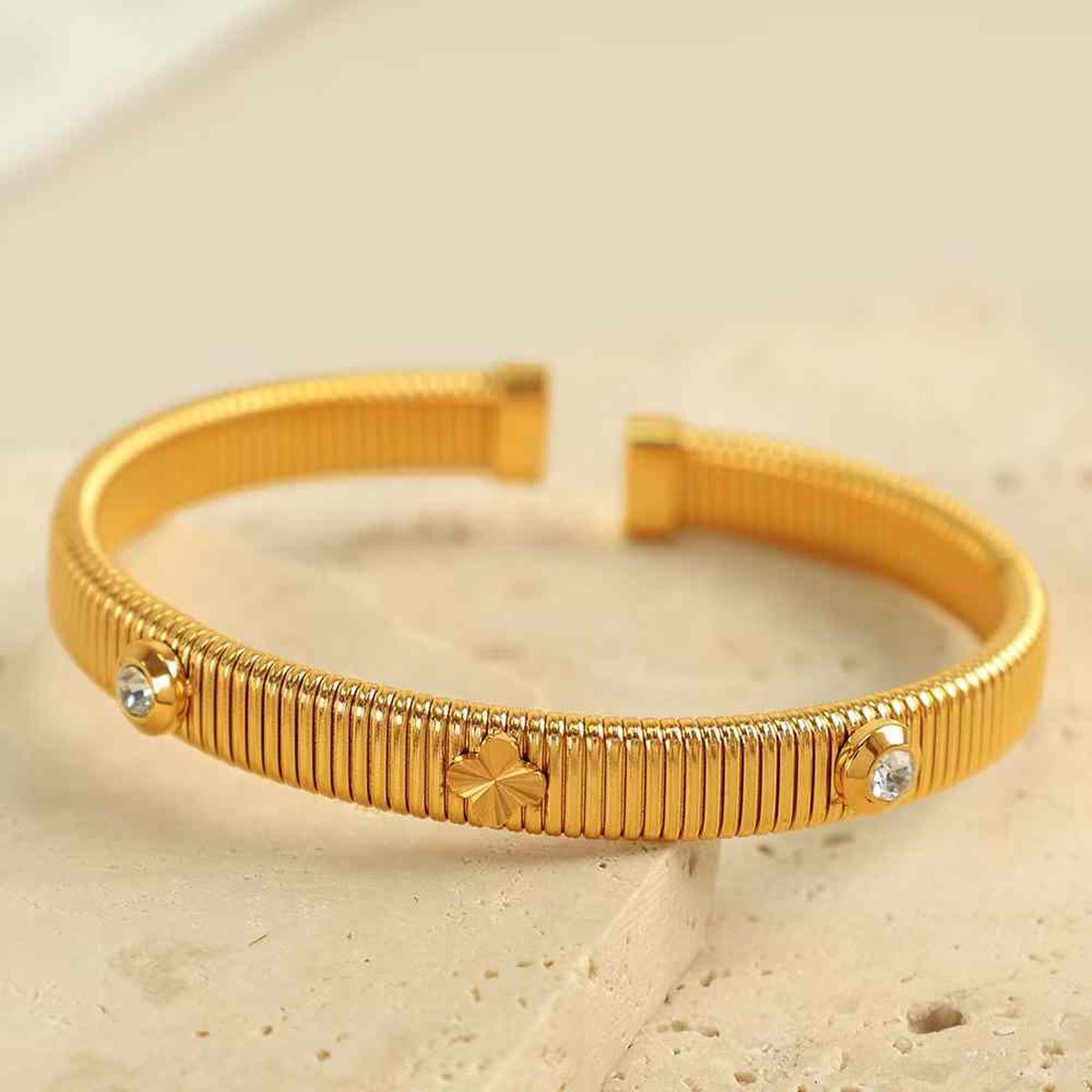 Clover Flower CZ 18K Gold Anti Tarnish Snake Cuff Kada Bracelet Bulk Main image