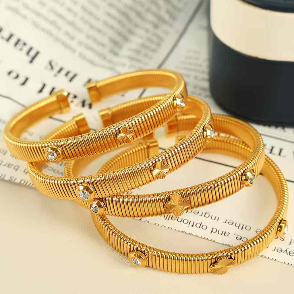 Clover Flower CZ 18K Gold Anti Tarnish Snake Cuff Kada Bracelet Bulk
