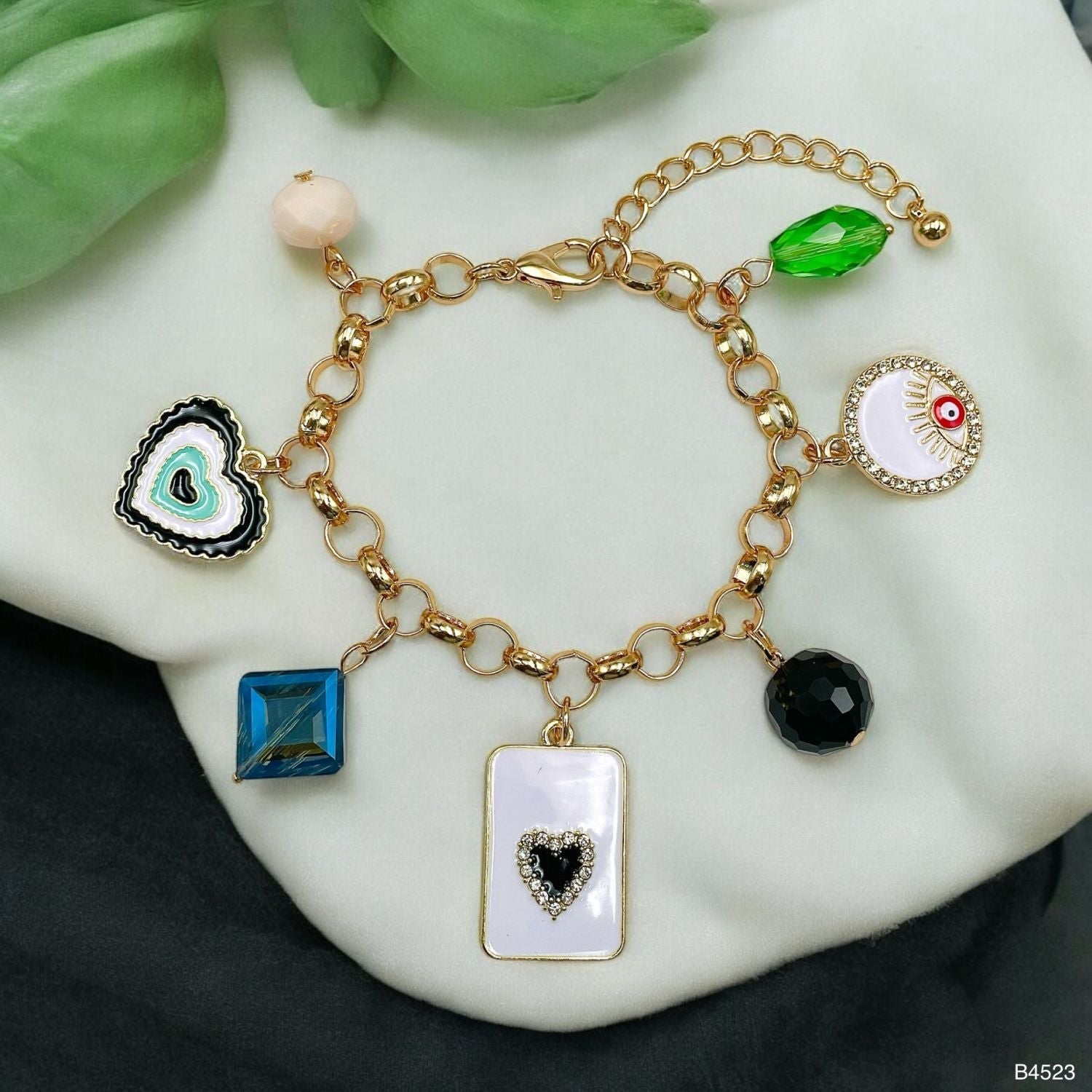 Heart Charm Enamel CZ Multi Gold Anti Tarnish Chain Bracelet Bulk Main image