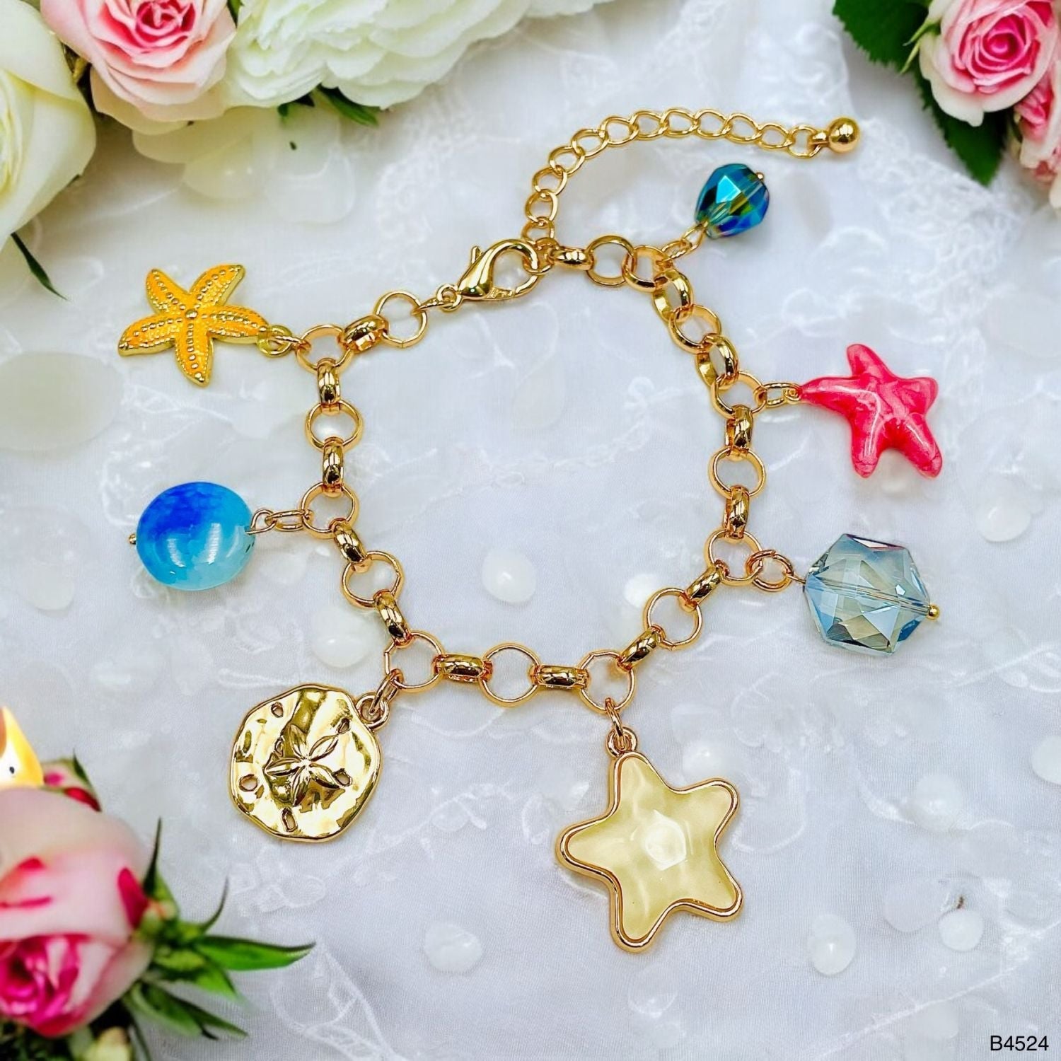 Star Fish Charm Mother Of Pearl Enamel Multicolour 18K Gold Anti Tarnish Chain Bracelet For Women Main image