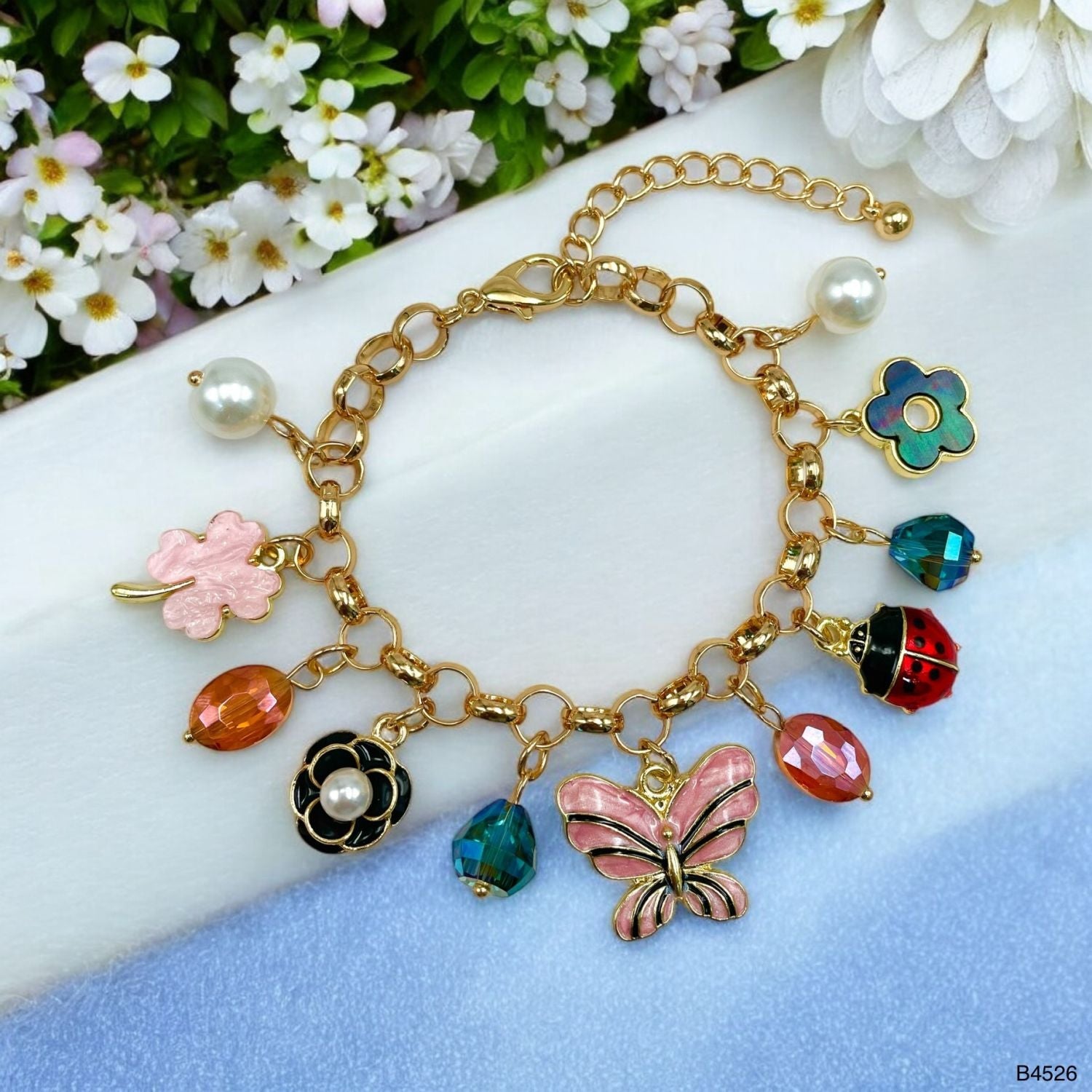 Butterfly Heart Charm Enamel Pearl Multicolour 18K Gold Anti Tarnish Chain Bracelet For Women Main image