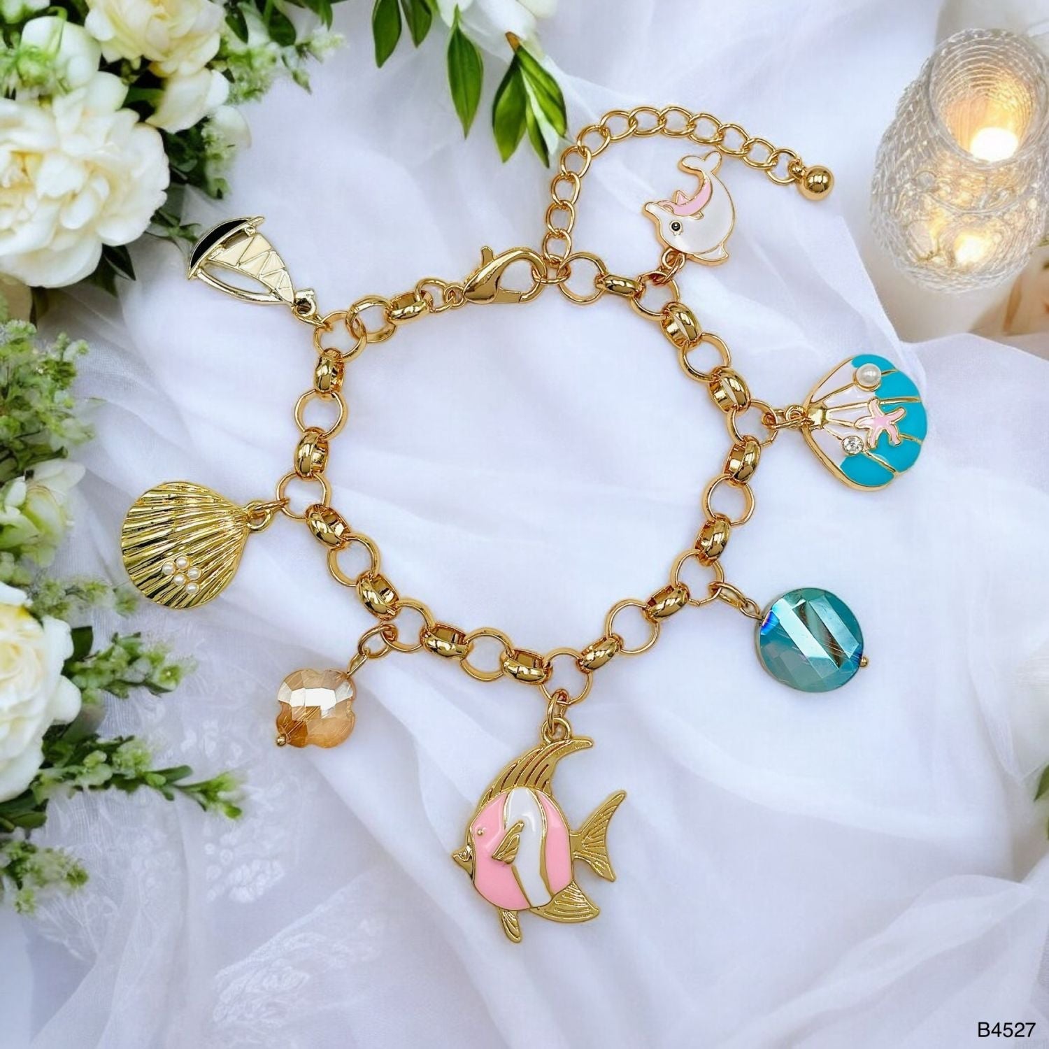 Fish Charm Beads Enamel Multi Gold Anti Tarnish Chain Bracelet Bulk Main image