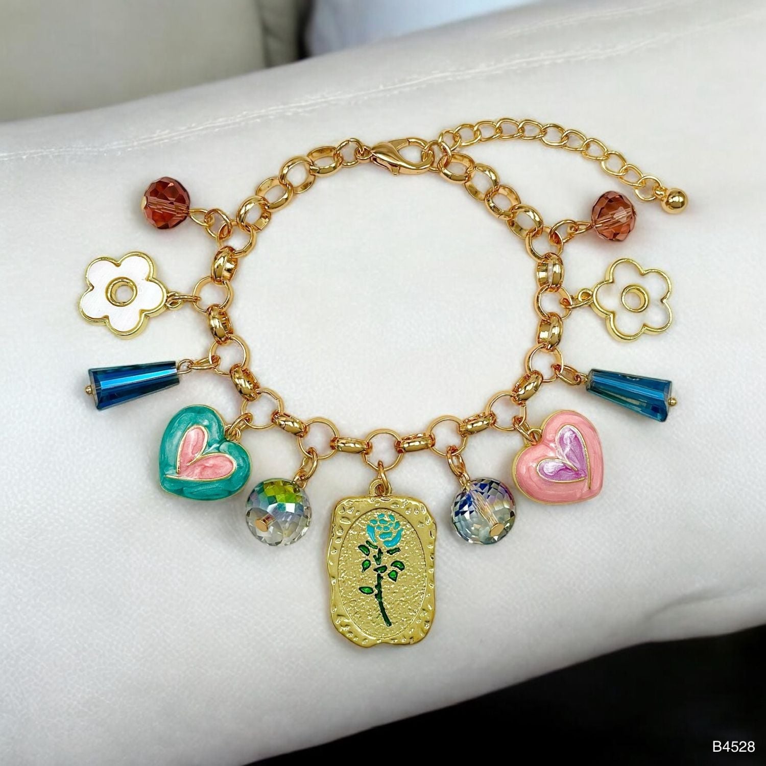 Heart Flower Charm Beads Multi Gold Anti Tarnish Chain Bracelet Bulk Main image