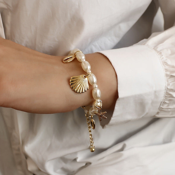 Star Fish Shell Charm Pearl White 18K Gold Anti Tarnish Bracelet Bulk Secondary image
