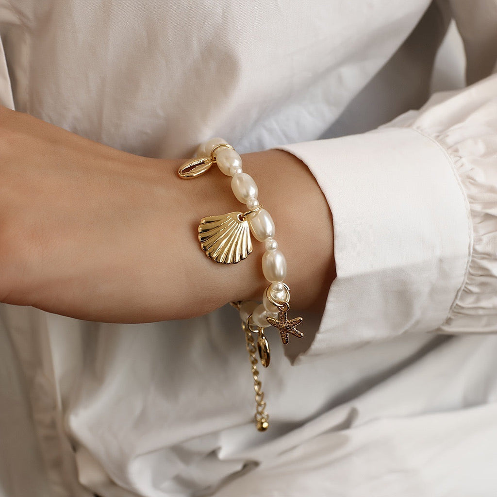 Star Fish Shell Charm Pearl White 18K Gold Anti Tarnish Bracelet Bulk