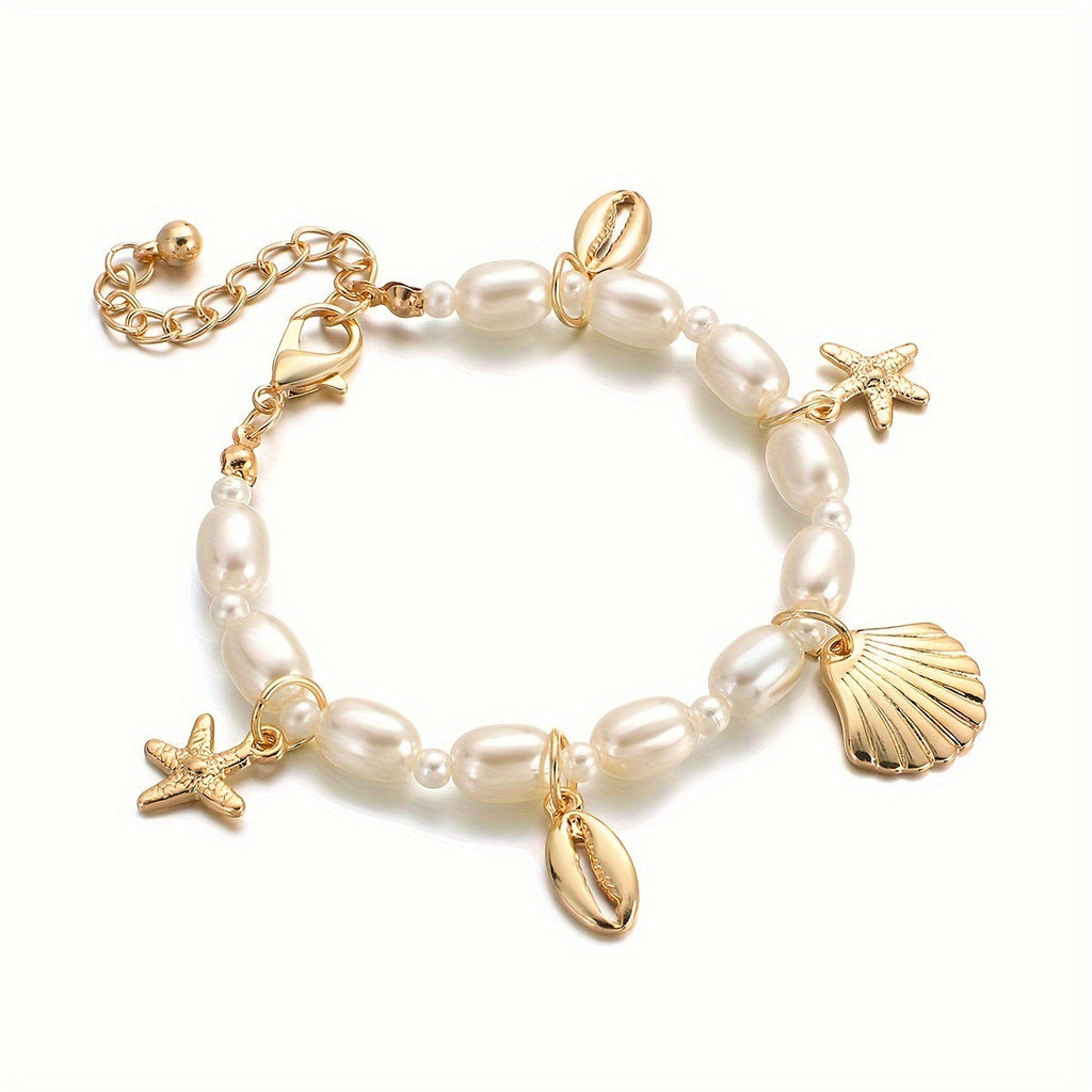 Star Fish Shell Charm Pearl White 18K Gold Anti Tarnish Bracelet Bulk