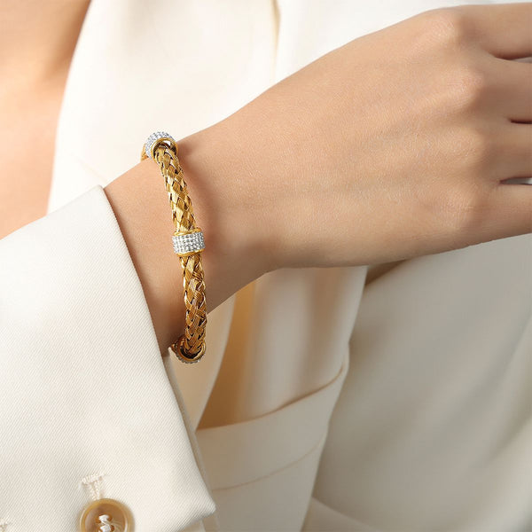 Mesh Cubic Zirconia 18K Gold Silver Stainless Steel Anti Tarnish Cuff Kada Bracelet For Women Secondary image