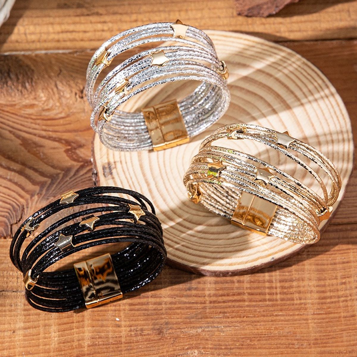 Layered Wrap Star Gold Silver Anti Tarnish Wrist Band Bracelet Bulk