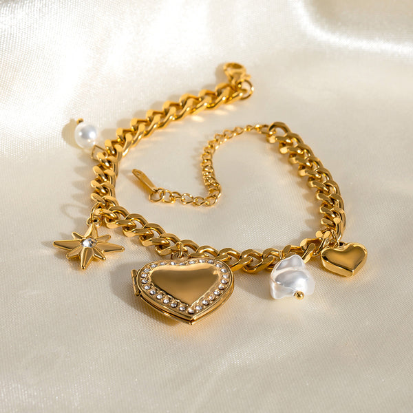 Star Heart 18K Gold Pearl Cubic Zirconia Stainless Steel Charm Curb Chain Bracelet For Women Main image