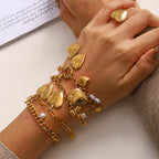 Star Heart 18K Gold Pearl Cubic Zirconia Stainless Steel Charm Curb Chain Bracelet For Women