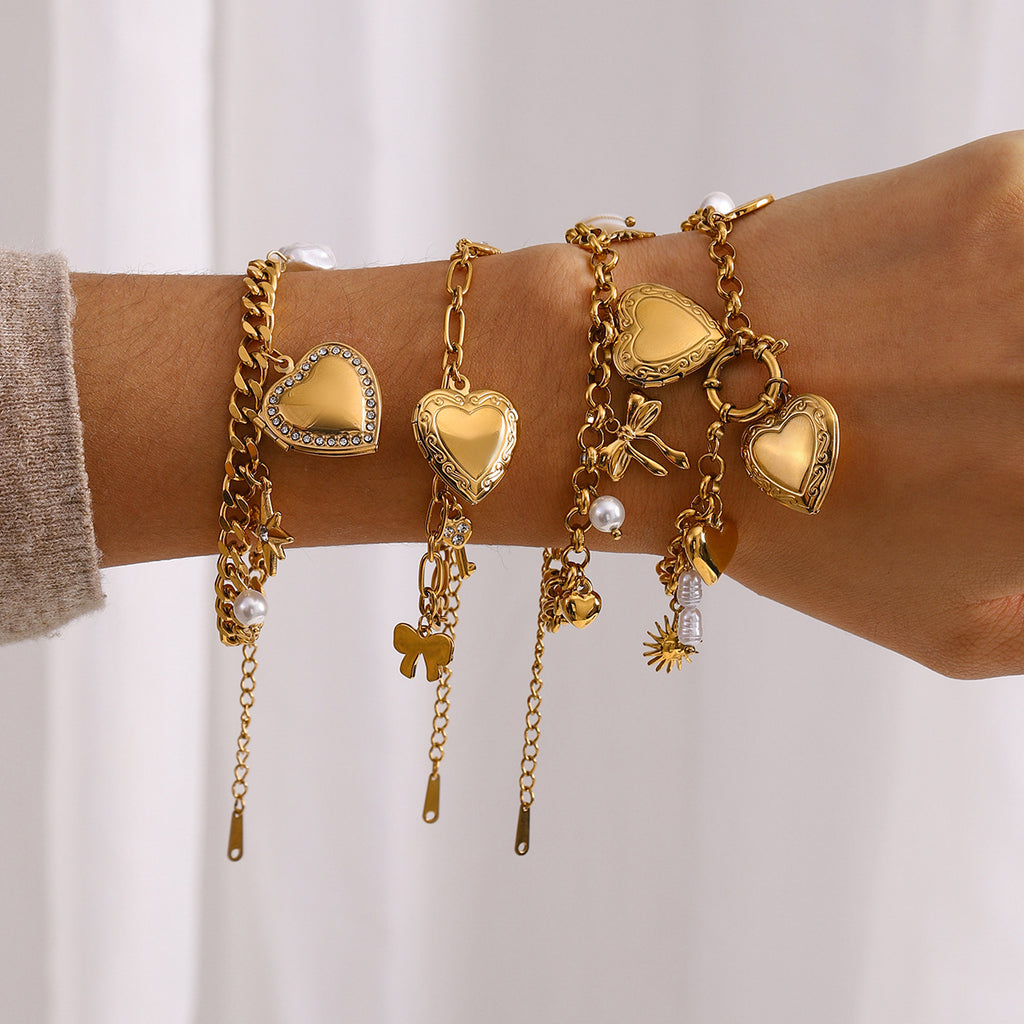 Bow Star Sun Heart 18K Gold Pearl Stainless Steel Link Chain Charm Bracelet For Women