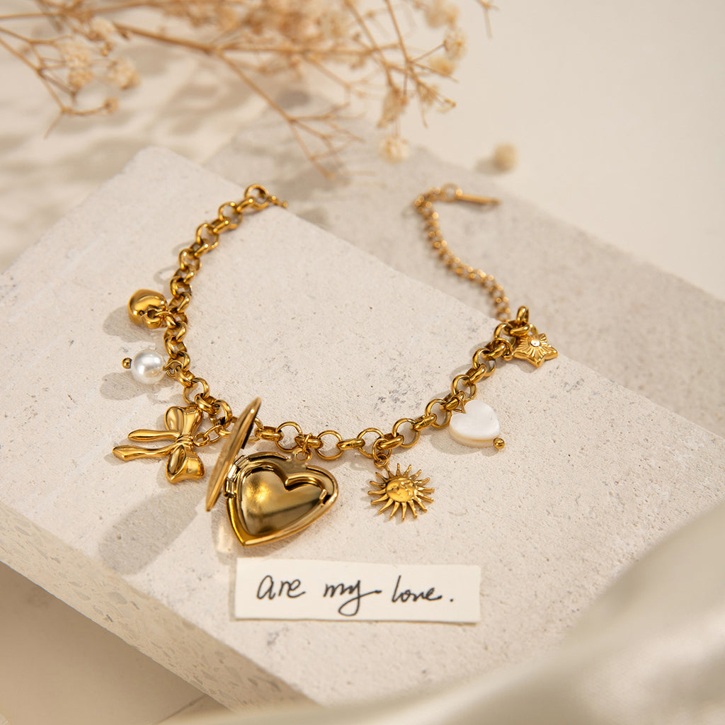 Bow Star Sun Heart 18K Gold Pearl Stainless Steel Link Chain Charm Bracelet For Women