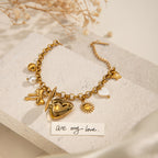 Bow Star Sun Heart 18K Gold Pearl Stainless Steel Link Chain Charm Bracelet For Women