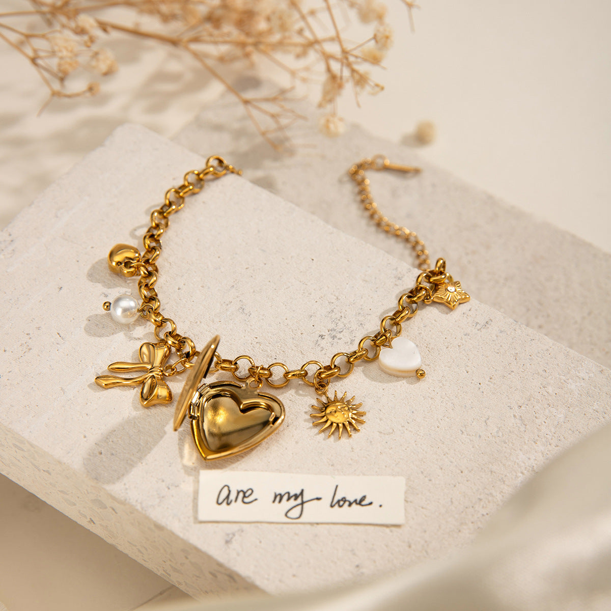 Bow Star Sun Heart 18K Gold Pearl Stainless Steel Link Chain Charm Bracelet For Women