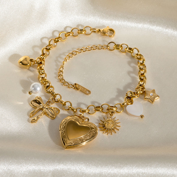 Bow Star Sun Heart 18K Gold Pearl Stainless Steel Link Chain Charm Bracelet For Women Main image
