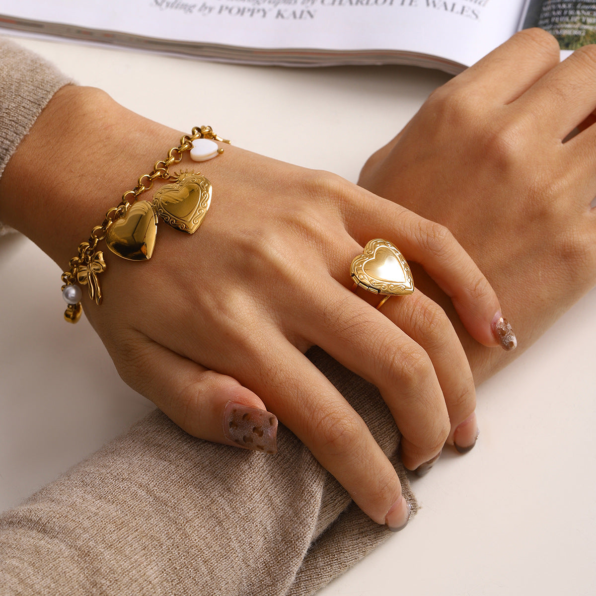 Bow Star Sun Heart 18K Gold Pearl Stainless Steel Link Chain Charm Bracelet For Women