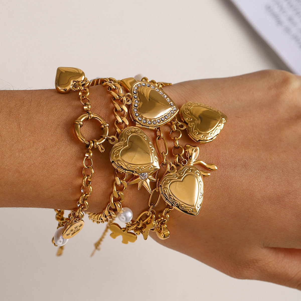 Bow Star Sun Heart 18K Gold Pearl Stainless Steel Link Chain Charm Bracelet For Women