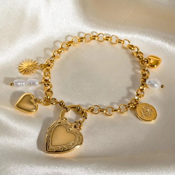 Heart Sun Gold Pearl Stainless Steel Link Chain Charm Bracelet Bulk Main image