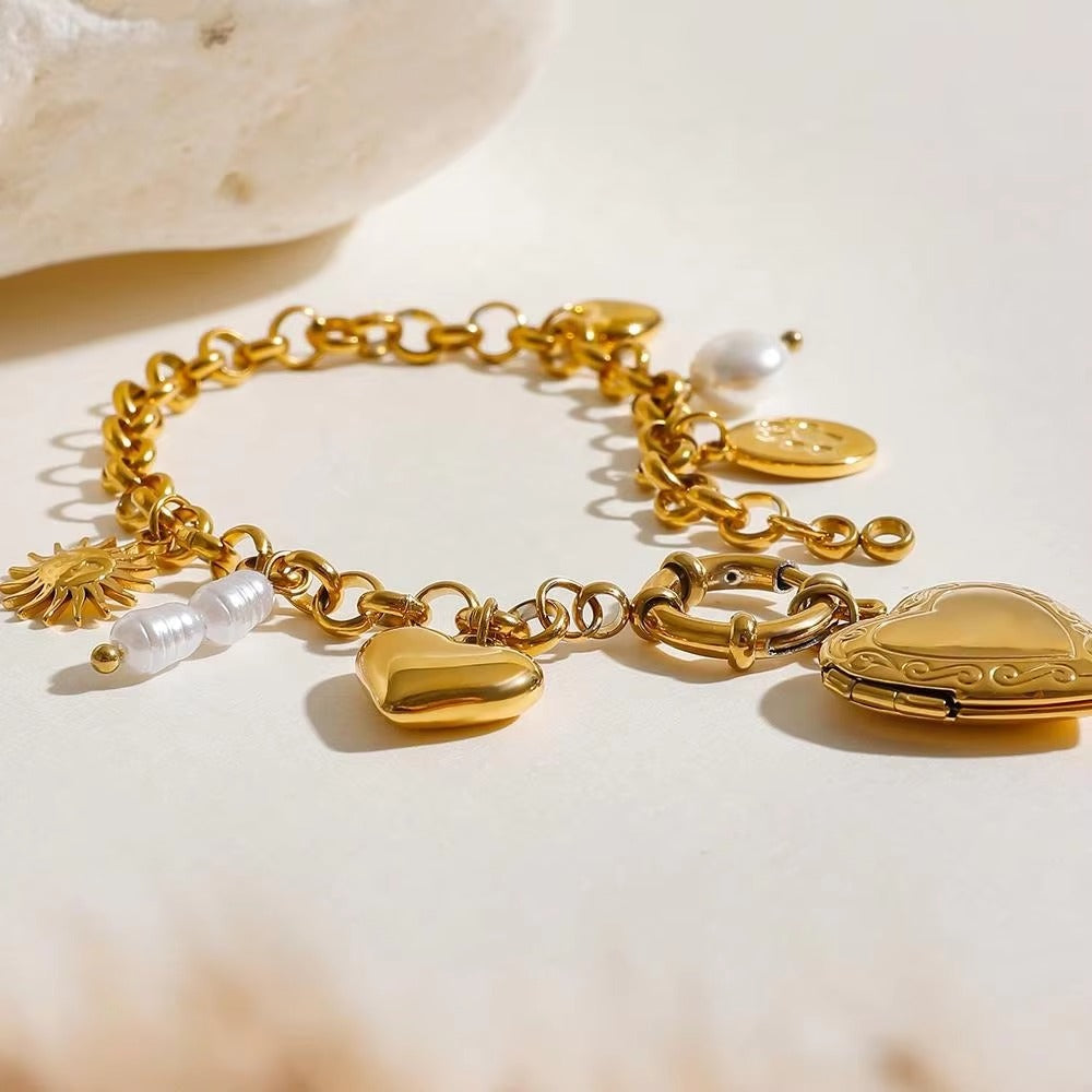 Heart Sun Gold Pearl Stainless Steel Link Chain Charm Bracelet Bulk