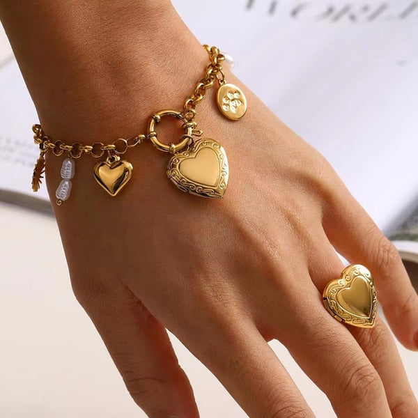 Heart Sun Gold Pearl Stainless Steel Link Chain Charm Bracelet Bulk Secondary image