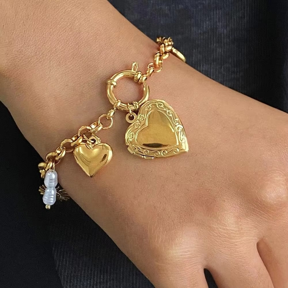Heart Sun Gold Pearl Stainless Steel Link Chain Charm Bracelet Bulk