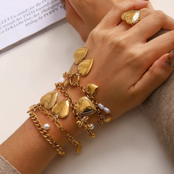 Key Lock Heart Gold Pearl CZ Stainless Steel Chain Charm Bracelet Bulk Secondary image