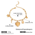 Key Lock Heart Gold Pearl CZ Stainless Steel Chain Charm Bracelet Bulk