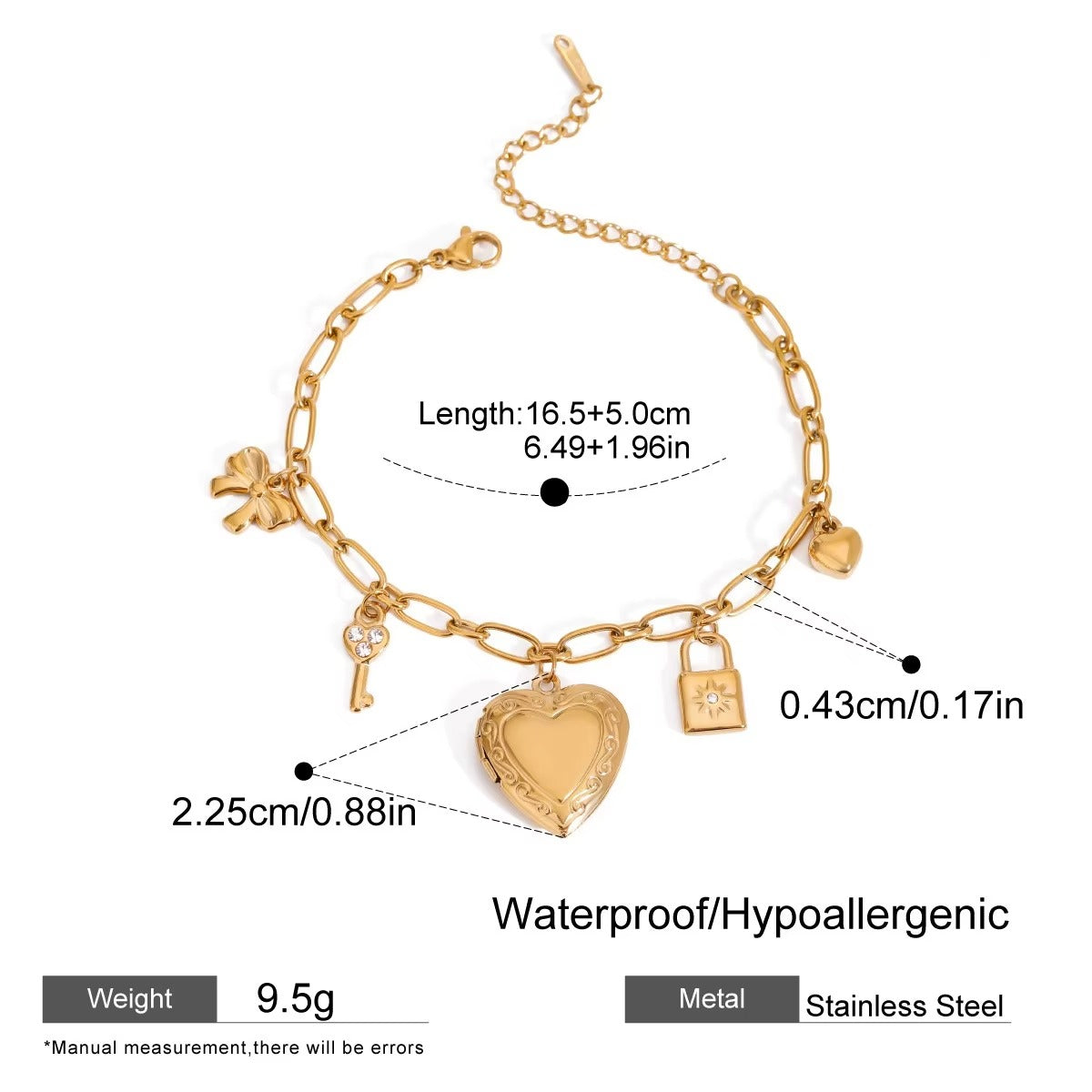 Key Lock Heart Gold Pearl CZ Stainless Steel Chain Charm Bracelet Bulk