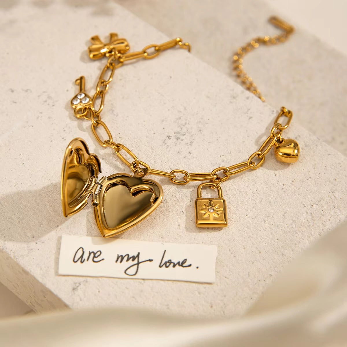 Key Lock Heart Gold Pearl CZ Stainless Steel Chain Charm Bracelet Bulk