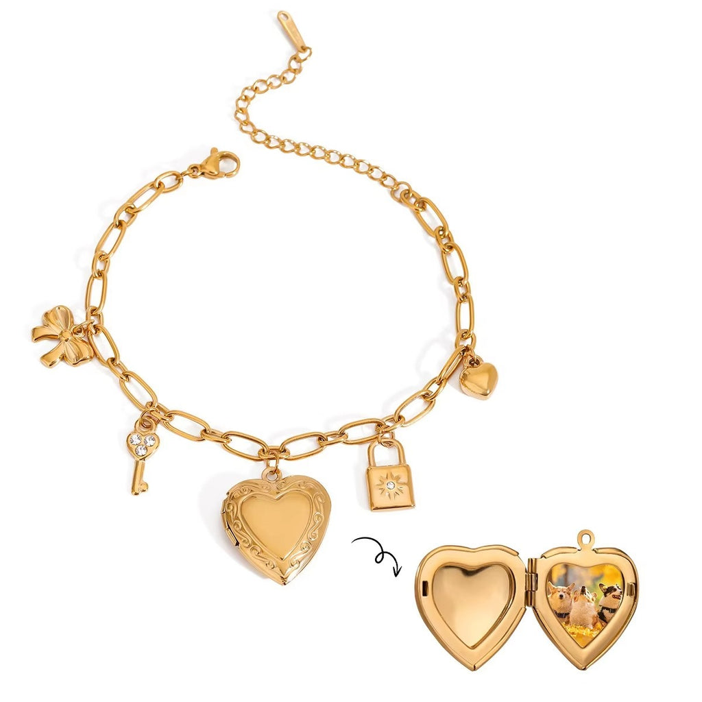 Key Lock Heart Gold Pearl CZ Stainless Steel Chain Charm Bracelet Bulk