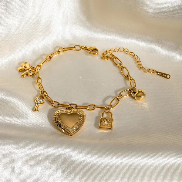 Key Lock Heart Gold Pearl CZ Stainless Steel Chain Charm Bracelet Bulk Main image